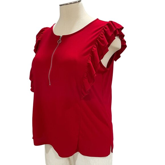 89th Madison Red Ruffle Zip Sleeveless Top 2X Career Stretch Summer Blouse - Picture 9 of 9